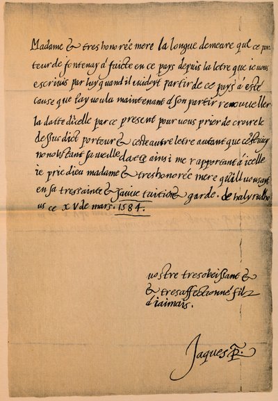 Brief von König James VI. 1566-1625 an seine Mutter, Königin Maria 1542-1587, 1584-5 von King James I
