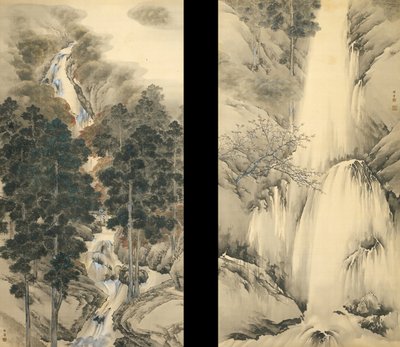 Wasserfall im Frühling und Herbst Satz von zwei Hängerollen, 1893 von Kishi Chikudo