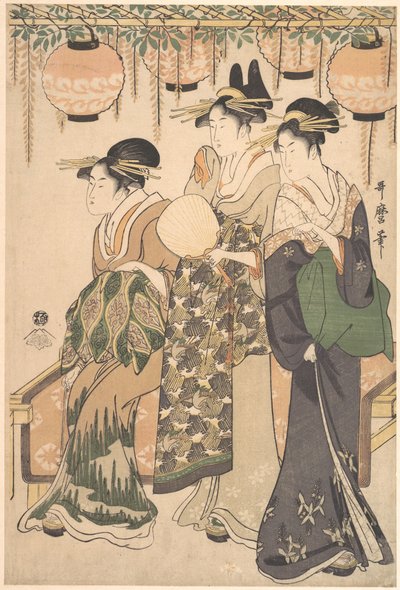 Kurtisanen unter einem Glyzinienlauben von Kitagawa Utamaro