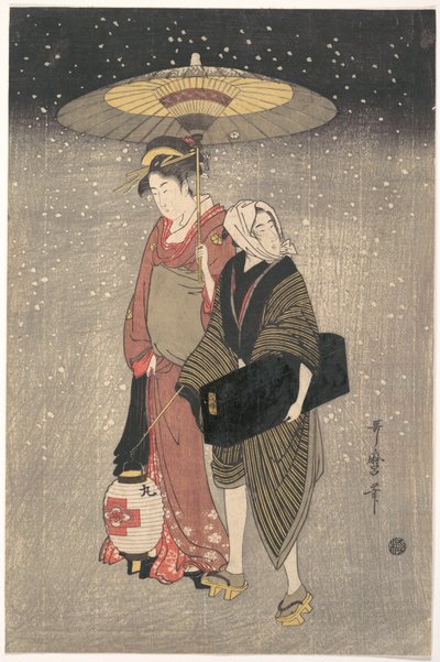 Geisha, die nachts durch den Schnee geht von Kitagawa Utamaro