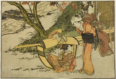 Ausflug zur Besichtigung von Ahornbäumen im Herbst, aus dem illustrierten Buch "Bilderbuch: Blumen der vier Jahreszeiten (Ehon shiki no hana)," Bd. 2 von Kitagawa Utamaro
