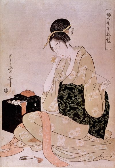 Nähen, Serie über Frauenhandarbeit: eine Näherin schneidet Faden mit den Zähnen. Japanischer Druck von Utamaro Kitagawa (1753-1806). 18. Jahrhundert. Paris, Musée Guimet, Nationalmuseum für Asiatische Kunst von Kitagawa Utamaro