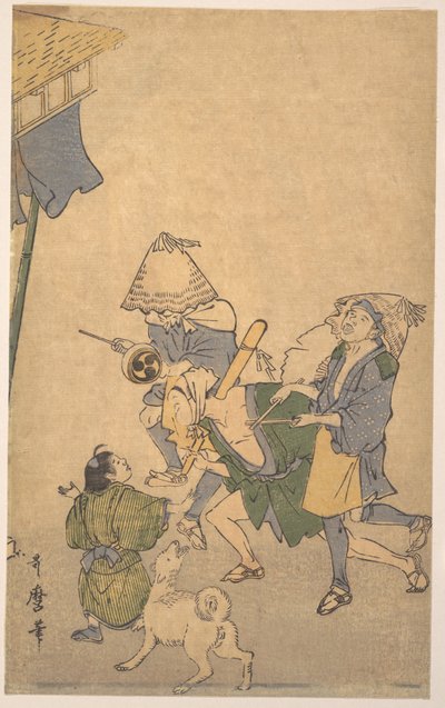 Drei Zecher aus den unteren Schichten mit Komusō-Hüten, einem kleinen Jungen und einem Hund von Kitagawa Utamaro