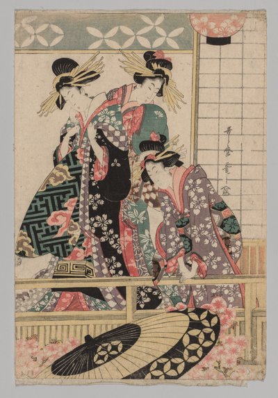 Yoshiwara-Frauen schauen im Frühling auf die Straße von Kitagawa Utamaro