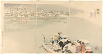 Zweiter Monat: Matsuchi-Hügel im Schnee in der Abenddämmerung (Kisaragi, Matsuchiyama yuki no tasogare), aus der Serie Wahre Ansichten berühmter Orte in Tokio (Tokyo meisho shinkei no uchi) von Kiyochika Kobayashi
