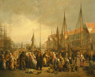Fischmarkt in Bergen, Norwegen, 19. Jahrhundert von Knud Bergslien