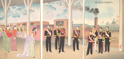Illustration der Ankunft des Kaisers am Bahnhof Shinbashi nach einem Sieg Gaise..., 1895 von Kobayashi Kiyochika
