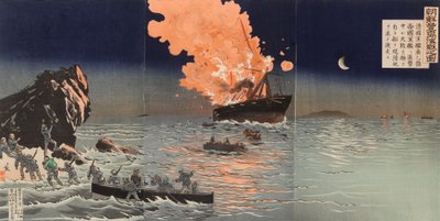 Rettung von einem brennenden Kriegsschiff. Eine Szene aus dem Krieg zwischen China und Japan von Kobayashi Kiyochika
