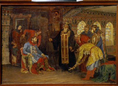 Die Einladung von Prinz Dmitry Pojarski zur Führung der Armeen zur Befreiung Moskaus von Konstantin Apollonovich Savitsky