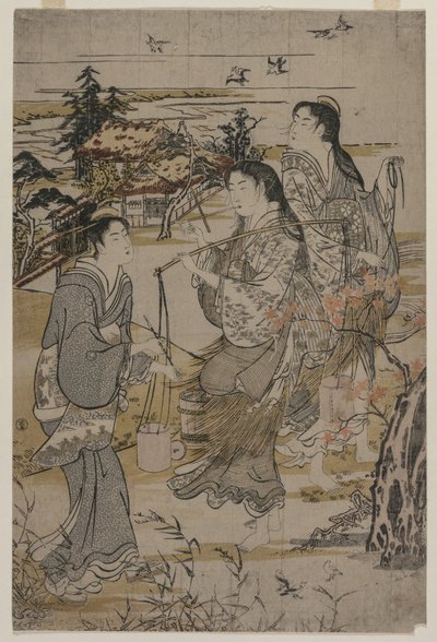 Frauen mit Salzfässern; Der Noda Tama Fluss in der Provinz Mutsu, aus einer unbetitelten Serie der Sechs Tama Flüsse von Kubo Shunman