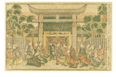 Schönes Wetter am Hachiman-Schrein am Fukagawa-Fluss aus der Serie Neu veröffentlichte Perspektivansichten. Die acht berühmten Ansichten von Edo von Kuninaga Utagawa