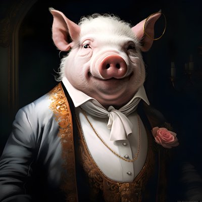 Kalter und herrschsüchtiger anthropomorpher Schweineplantagenbesitzer, stechende Augen, fetter molliger Körper, Zigarre in der Hand, exquisiter schicker südländischer weißer Anzug und Weste, Taschenuhr an einer Kette, Monokel, weißer Filzhut, Nahaufnahme 2 von Kurt Heppke