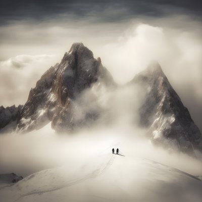 zwei Menschen beim Skifahren über einem wolkenverhangenen Berg von Kurt Heppke