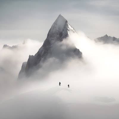 zwei Menschen beim Skifahren über einem wolkenverhangenen Berg von Kurt Heppke