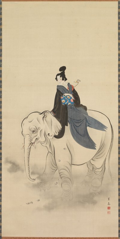 Kurtisane reitet auf einem Elefanten Parodie des Bodhisattva Fugen, 19. Jahrhundert von Kuwagata Keisai