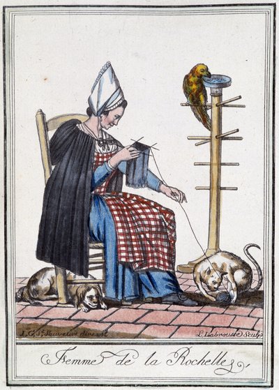 Frau von La Rochelle strickt mit einem Hund, einem Papagei und einer Katze, die mit dem Wollknäuel spielen von L.F. Labrousse