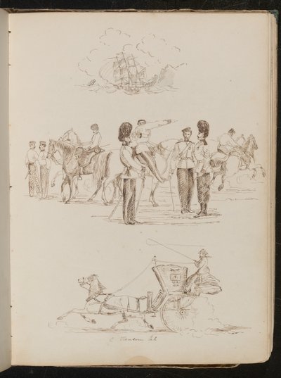 Studie eines Schiffes auf dem Wasser, Studie von acht Soldaten und fünf Pferden, Studie eines Pferdes und einer Kutsche mit einer Reiterin von Lady Butler