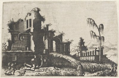 Landschaft mit bewachsenen Ruinen und Reisenden von Lambertus Suavius