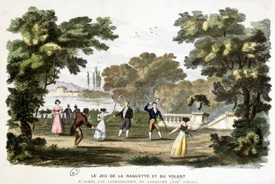 Alte Spiele: das Spiel von Schläger und Federball, Vorläufer von Badminton, basierend auf einer Lithographie von Langlumé, 19. Jahrhundert. von Langlume Langlume