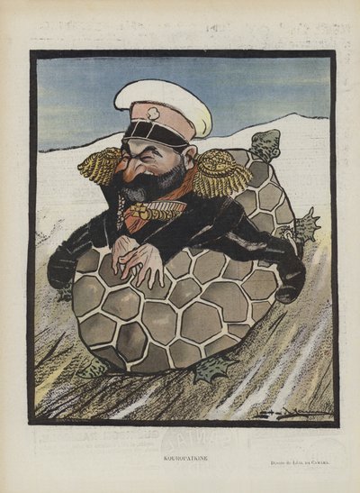 Aleksey Kuropatkin, russischer Kriegsminister. Illustration für Le Rire von Leal de Camara