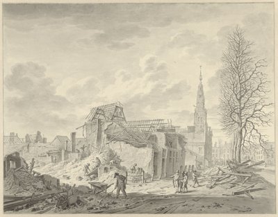 Ansicht des Rapenburg in Leiden nach der Pulverexplosion vom 12. Januar 1807 von Leendert Overbeek