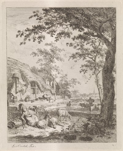 Schäferin mit Schafen vor einem Bauernhof von Leendert Overbeek