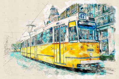 Städtische Straßenbahn Aquarell von Lembayung senja studio [Vintage Poster]