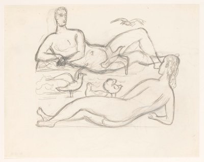 Nackter Mann und Frau an der Küste, umgeben von Möwen von Leo Gestel