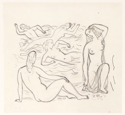 Fünf nackte Frauen, in der Brandung oder am Strand von Leo Gestel