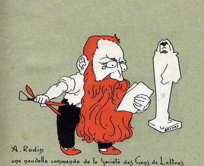 Karikatur von Auguste Rodin mit einem neuen Auftrag der Societe des gens de lettres (Skulptur von Balzac) - Illustration von Leon Lebegue - Gravur in „Le sun-du-dimanche“ von Leon Lebegue