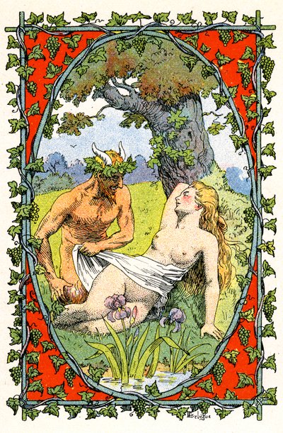 Ein Faun enthüllt den nackten Körper einer schlafenden Nymphe von Leon Lebegue
