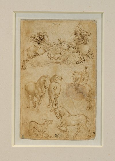 Zwei Reiter kämpfen gegen einen Drachen; ein Reiter und zwei Pferde; ein Hund und ein Pferd von Leonardo da Vinci