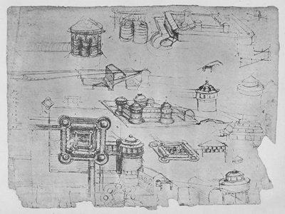 Zeichnungen einer quadratischen Burg, um 1480 1945 von Leonardo da Vinci