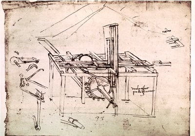 Auszug aus einem Da Vinci Manuskript über die Konstruktion einer hydraulischen Säge mit automatischem Vorschub von Leonardo da Vinci