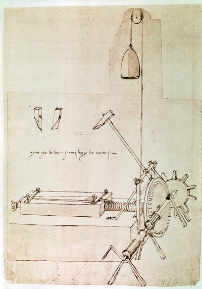 Auszug aus einem Da Vinci Manuskript über das Prinzip und den Bau einer "Maschine zum Feilen von Dateien" von Leonardo da Vinci