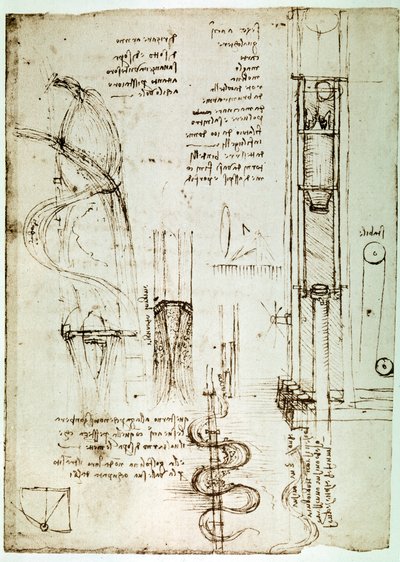 Auszug aus einem Da Vinci Manuskript zur Beschreibung des Prinzips und der Konstruktion eines „Rammbocks (Pile Mallet)“ (Manuskript) von Leonardo da Vinci