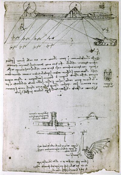 Auszug aus einem Da Vinci Manuskript über das Prinzip und den Bau eines "Seebaggers" von Leonardo da Vinci