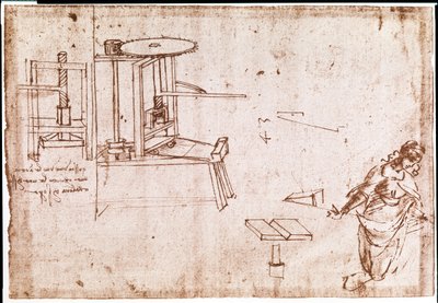 Auszug aus einem Da Vinci Manuskript über die Konstruktion einer Druckmaschine von Leonardo da Vinci