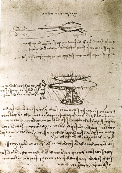 Auszug aus einem Da Vinci Manuskript über die Konstruktion einer Luftschraube (Hubschrauber) von Leonardo da Vinci