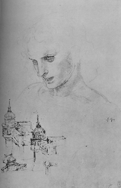 Kopf eines Apostels und Architekturstudie, ca. 1480 von Leonardo da Vinci