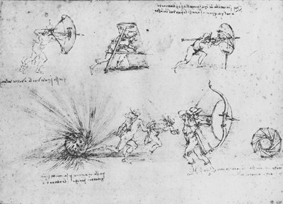 Studien von Schilden zum Schutz von Fußsoldaten und einer explodierenden Bombe von Leonardo da Vinci
