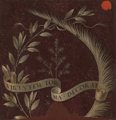 Kranz aus Lorbeer, Palme und Wacholder mit einer Schriftrolle beschriftet Virtutem Forma Decorat [Rückseite], ca. 147 von Leonardo da Vinci