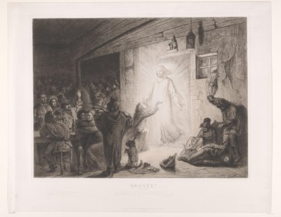 Christus erscheint in einem Gasthaus, eine junge Frau kniet vor ihm nieder von Leopold Flameng
