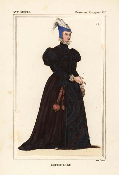Louise Labé, La Belle Cordière, französische Dichterin 1526-1566. Musikerin, Reiterin, Bogenschützin, Fechterin und Linguistin. Handkolorierte Lithographie nach einem Porträt in Roger de Gaignières
