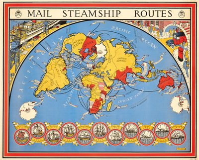 Plakat, das Postdampfschiffrouten bewirbt von Leslie MacDonald Gill