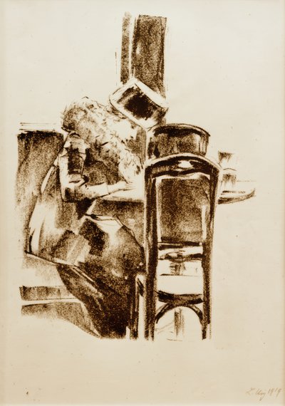 Schreibende Dame mit Hut und Boa im Kaffee von Lesser Ury