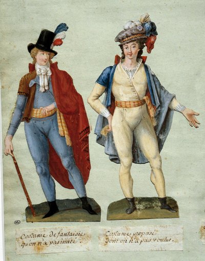 Französische Revolution: Kostüme von Fantasierevolutionären, die nicht nachgeahmt wurden. Gouache der Brüder Lesueur (18. Jahrhundert) von Lesueur Brothers