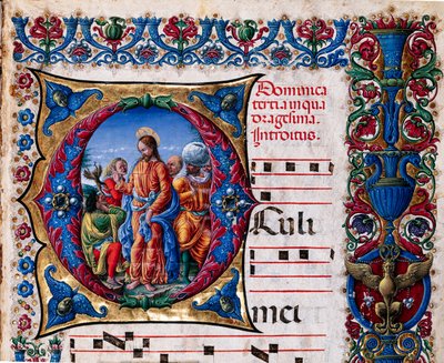 Piccolomini-Bibliothek: Chorbuch, cod. 21.6, ff. 2r mit „Austreibung eines unreinen Geistes“, von Liberale da Verona (ca. 1445 - 1527/9) (Detail) von Liberale da Verona