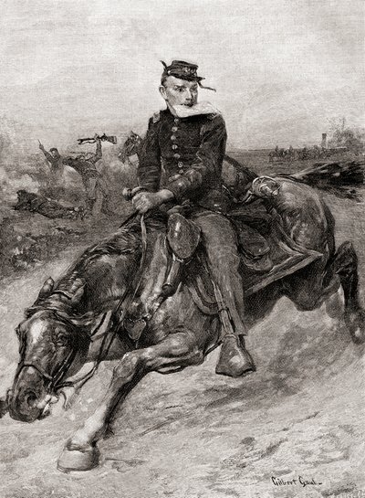 Ein Meldereiter während des amerikanischen Bürgerkriegs, aus The Century Magazine, veröffentlicht 1887 (Gravur) von Unbekannt Unbekannt