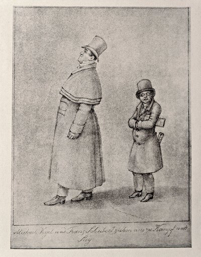 Österreich, Wien, Karikatur des österreichischen Baritonsängers Johann Michael Vogl und des Komponisten Franz Peter Schubert, um 1825, Bleistiftzeichnung von Unbekannt Unbekannt